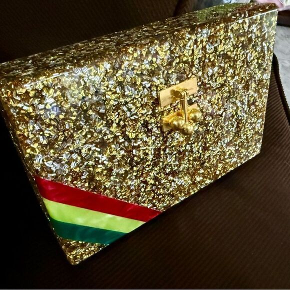 EDIE PARKER ACRYLIC CLUTCH – GOLD CONFETTI & RAINBOW STRIPE | HANDMADE | RARE - Picture 17 of 17